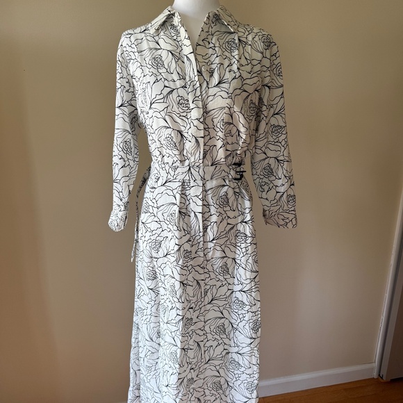 pashmina Dresses & Skirts - PASHMINA Women's Belted B&W Floral Print Midi Collared Button Down Dress